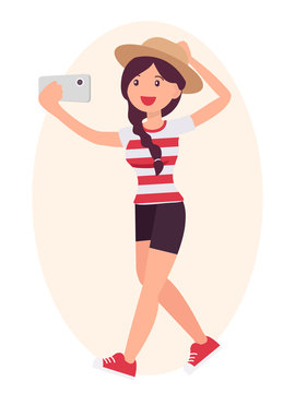 Cartoon character design female lovely cute girl wearing straw hat making selfie