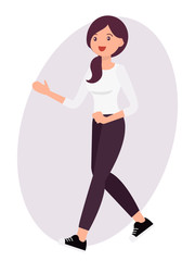 Cartoon character design female woman stand with welcome gesture smile face