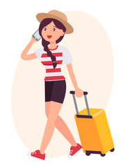 Cartoon character design female talk on the phone travel with luggage