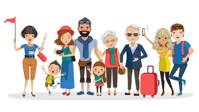 Guide Tour guides and tourist groups big family. Grandfather,grandmother,father,mother,girl,boy, friend,teen and girlfriend at Selfie,carrying a bag, camera,waving and laughing 