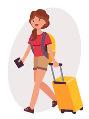 Cartoon character design female travel with luggage and passport on the way to airport