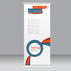 Roll up banner stand template. Abstract background for design,  business, education, advertisement. Vector  illustration. Blue and orange color.