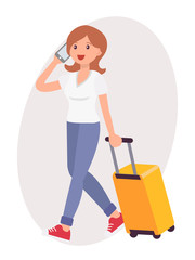 Cartoon character design female talk on the phone travel with luggage