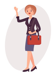 Cartoon character design female woman wave hand greeting with shoulder bag