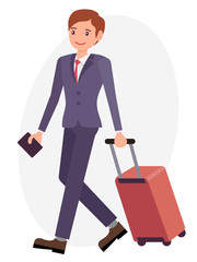 Cartoon character design male office man in suit business trip with luggage passport