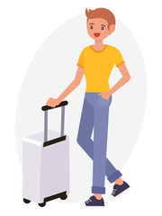 Cartoon character design male tanned skin young man stand beside luggage