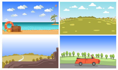 Landscape Seascape and Landscape.Sea and blue sky,Meadows, mountains. illustration,vector