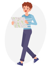 Cartoon character design male man watch map look for the way