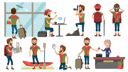 Fototapeta premium Man Traveller Male tourist Various gestures set. standing with suitcase. man is watching the flight and through window in airport. kayaking on a lake.backpack Rear view. Vector illustration.