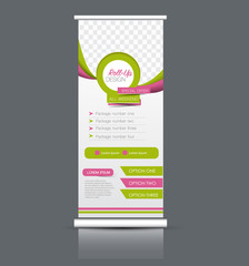 Roll up banner stand template. Abstract background for design,  business, education, advertisement. Vector  illustration. Pink and green color.