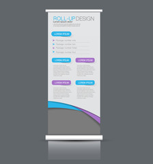 Roll up banner stand template. Abstract background for design,  business, education, advertisement. Vector  illustration. Blue and purple color.