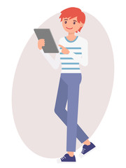 Cartoon character design male man watch and point at tablet with smile face