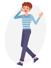 Cartoon character design male man walking talk on the phone cheerfully