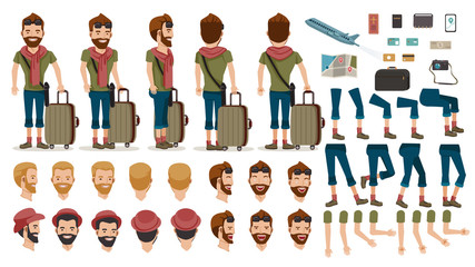 Man People Travel tourists  creation set.animated character.at airport. Icons with different types of faces and hair style, emotions, front, rear, side view of male person. Moving arms, legs.Isolated 