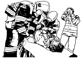 Firefighters and Saved Man on Stretcher - Black and White Illustration, Vector