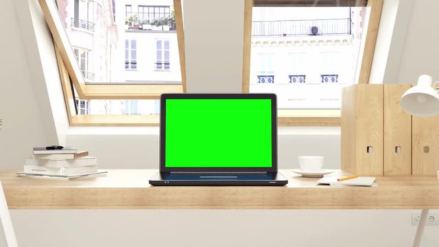 Laptop with track green screen on desk