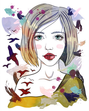 Portrait of a girl with a birds tattoo. The girl-bird with blond hair on abstract background. Fashion illustration