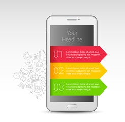 Obraz premium Vector modern infographic template with realistic smartphone and three steps or oprions and hand drawn business doodles in the background