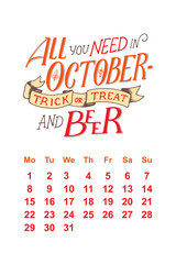 Vector calendar for October 2 0 1 8. Hand drawn lettering quotes for calendar design