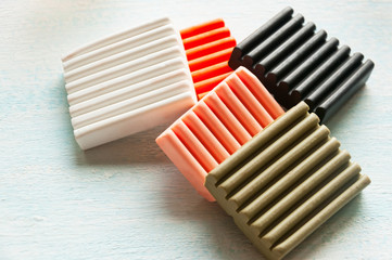 Set for casting of colored polymer clay. Clay bars, cutters.