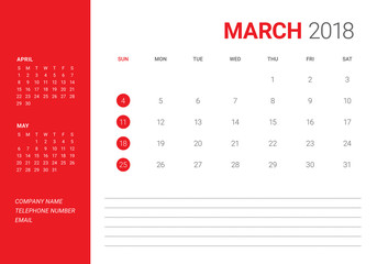 March 2018 desk calendar vector illustration