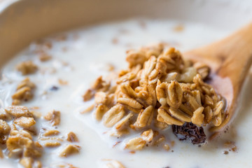 Granola with milk in a spoon