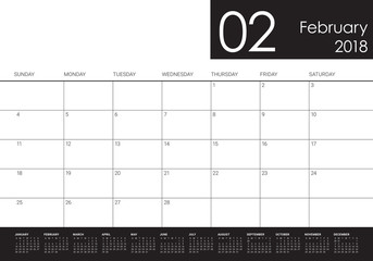 February 2018 calendar planner vector illustration