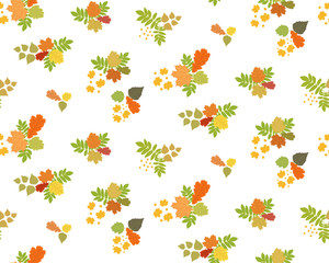 Bouquets of autumn leaves on white background, seamless pattern