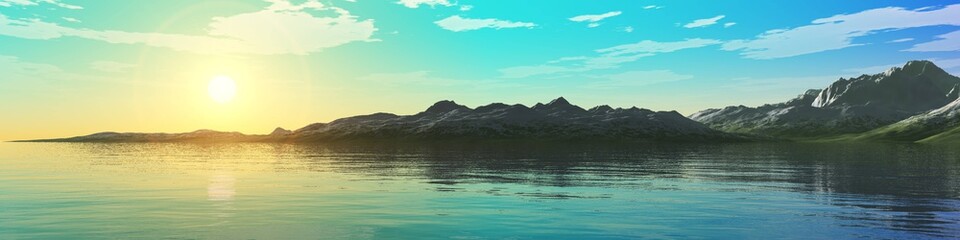 panorama of the sea sunset, the sun above the ocean, the mountains above the water, 3d rendering
