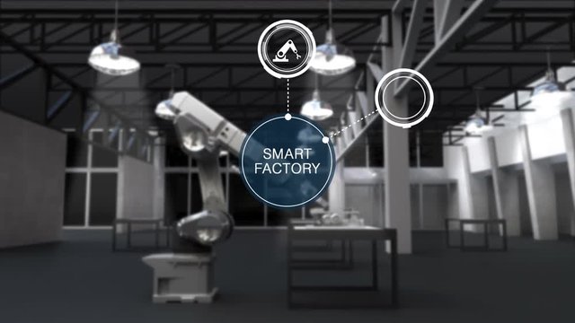 Product to using Robot arm in Smart factory. Surrounded Smart factory information graphic icon. internet of things. 4th industrial revolution.2.