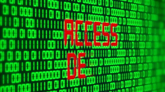 3d animation of a green binary code with red message access denied. Motion background - depth of field.