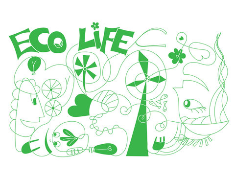 Vector doodle ecologic concept for green life and world - Outlined illustration