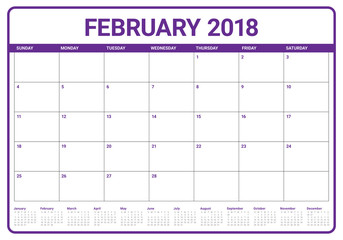 February 2018 calendar planner vector illustration