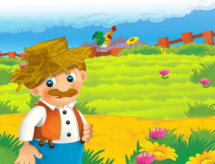Obraz na płótnie Canvas cartoon scene with happy man working on the farm - standing and smiling / illustration for children