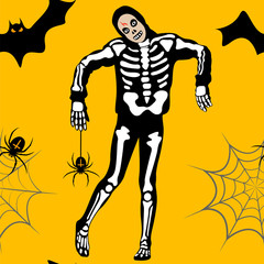 Seamless pattern with a skeleton costume of a man, a spider and a bat on an orange background.