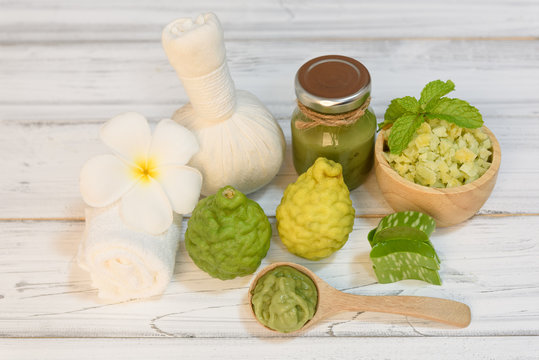 Spa aromatherapy and hair treatment with Karrif lime,aloe vera,sea salt,massage ball  on white wood background