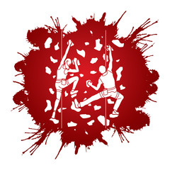Man and woman climbing on the wall together, Hiking indoor designed on splatter ink graphic vector.
