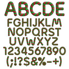 Alphabet, letters, numbers and signs from Christmas red and green sweets. Isolated vector objects on white.