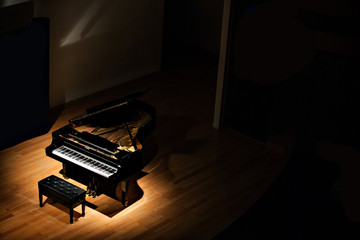 black grand piano at spot light in dark room - obrazy, fototapety, plakaty