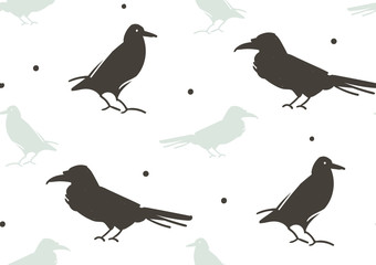 Hand drawn vector abstract cartoon Happy Halloween illustration seamless pattern with ravens isolated on white background.