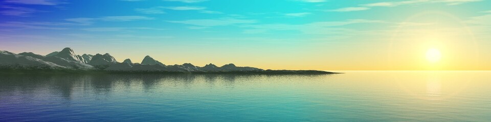 Obraz premium panorama of the sea sunset, the sun above the ocean, the mountains above the water, 3d rendering 