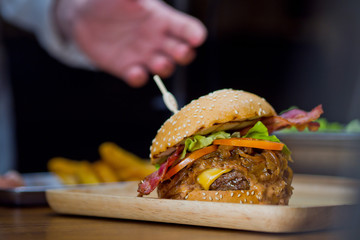 hamburger on wood background