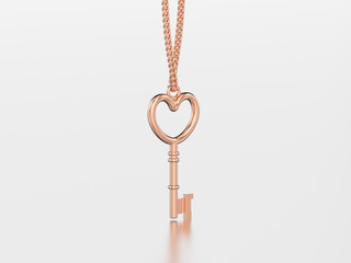 3D illustration rose gold decorative key in the form of a heart necklace on chain with reflection and shadow