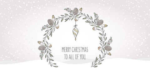 Hand drawn wreath with watercolor elements and christmas greetings