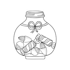 Jar glas with sweet candies and nuts