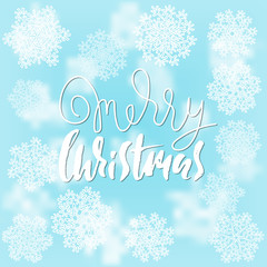 Merry Christmas handwritten lettering design on blur blue background. Vector illustration. White snowflakes winter pattern. EPS 10