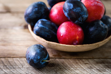 Blue and pink organic plums on dark wooden background. Copyspace.