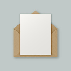 Stylish realistic brown kraft paper vector envelope with clean white letter paper sheet with copyspace for your design. Envelope email concept. - obrazy, fototapety, plakaty