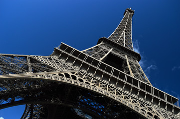 Eiffel Tower against a blue sky.