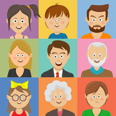 Avatar, woman, man heads. People vector shape heads different ages in flat style